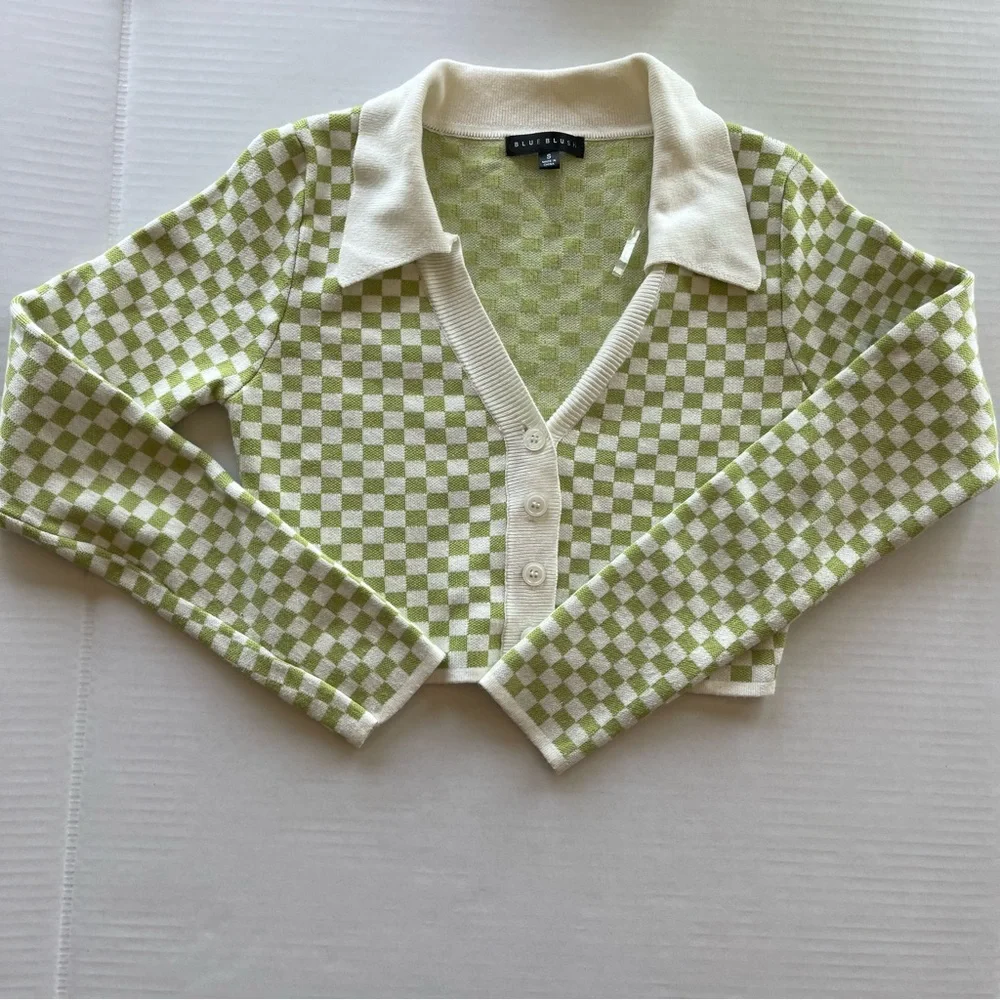 Tara Long Sleeve Checkered Cropped Cardigan Small . - Picture 8 of 11